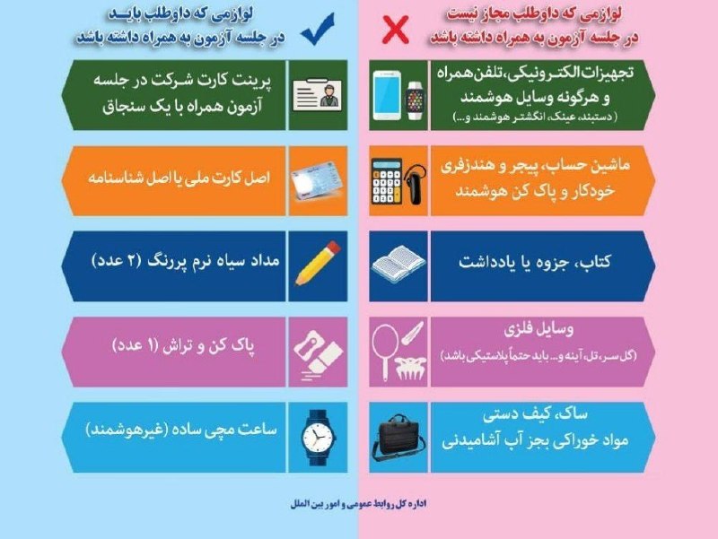 اخبار دانشگاهی و استخدامی: 🔴 اطلاعیه سازمان سنجش درباره لوازم مجاز و غیرمجاز در جلسه کنکور#اخبار_استخدامی_دانشگاهی_فرهنگیان 📚 @Olum_tarbiyati