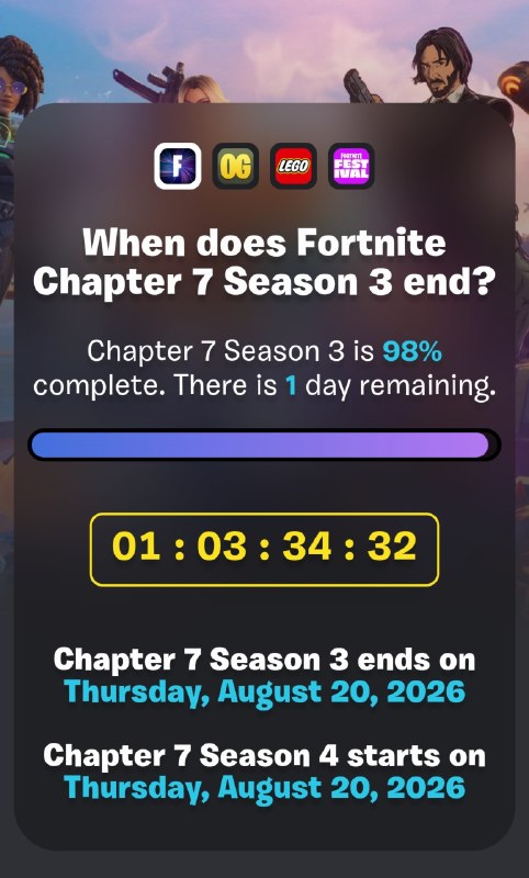 فورتنایت فارسی | Fortnite: ✨| New📆98% از Chapter 7-Season 3 گذشته و 1 روز دیگه به پایان میرسه...👍| #Fortnite • #فورتنایت_فارسی 📣 | Join Us : @Fortn