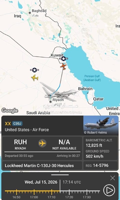 — 🇸🇦/🇺🇸/🇰🇼 מטוס תובלה צבאי C-130J-30 נחת באחד מבסיסי הצבא האמריקאי בכווית, לאחר שהמריא מבירת סעודיה ר…