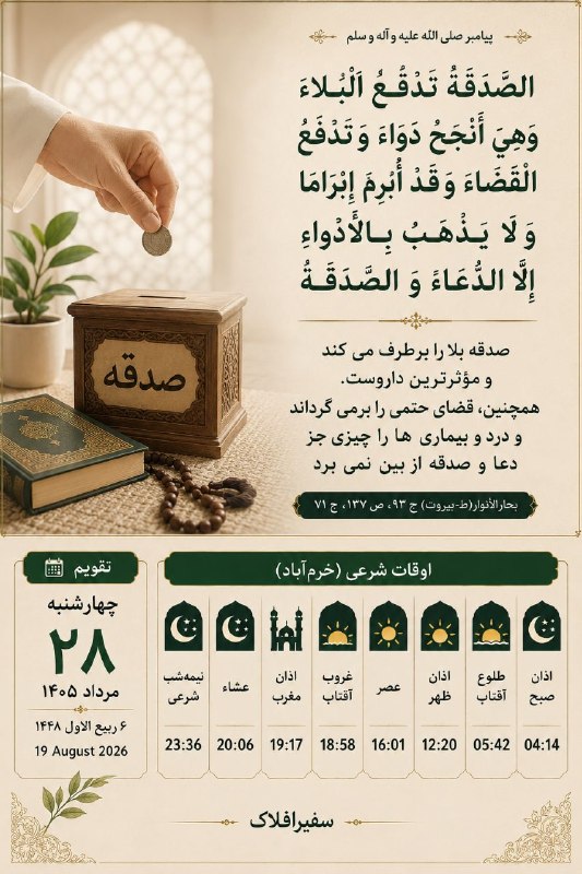 پایگاه خبری سفیرافلاک: 🔸پيامبر رحمت (ص): صدقه بلا را برطرف مىكند و مؤثرترينِ داروست. همچنين، قضاى حتمى را برمىگرداند و درد و بيمارىها را