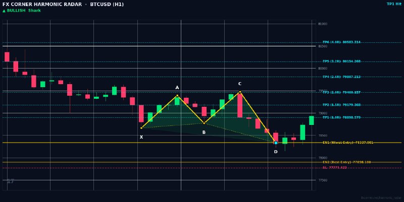 Harmonic Patterns: ⚡️ HARMONIC RADAR — LIVE SIGNAL ALERT ⚡️ 📊 Pair: #BTCUSD | #H1 🎯 Pattern: 🟢 📈 Bullish Shark 📈 Action: BUY / LONG 🔹 Entry