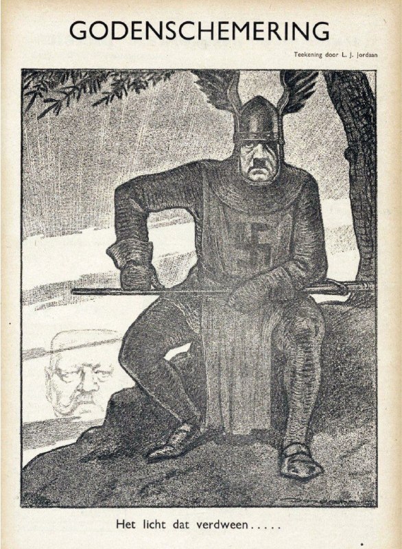 تاریخ قرن بیستم WW1-WW2: 🇳🇱 افول خدایان🔻کاریکاتور هلندی که چند روز پس از مرگ پاول هیدنبرگ منتشر شد و هیتلر را در حالی به تصویر می‌کشد که بر صحنه 