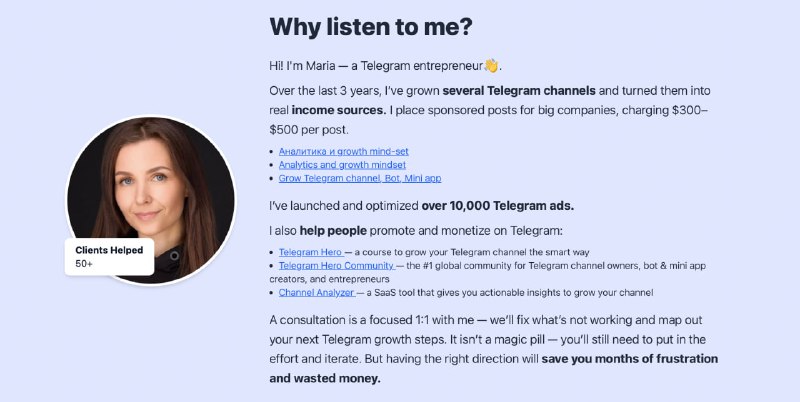 🔺 If you’re stuck with problems:— Ads don’t bring views or subscribers— Channel doesn’t bring clients or sales🔺Or you want to grow faster —— Want me to roast your Telegram ads or channel— Get a strategy tailored to your goalsOr have other questions and want my personal help?If you don’t solve problems early, they pile up — and it gets harder (and more expensive) to fix them.In a 1:1 consultation, we’ll turn confusion into clear steps to fix your problems and grow faster. Book here → Get my consultation.
