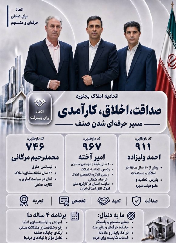 بجنورد زیبا: انتخابات اتحادیه املاک بجنورداتحاد برای صنفی حرفه ای و منسجماحمد ولیزادهامیر آختهمحمدرحیم مرگانی