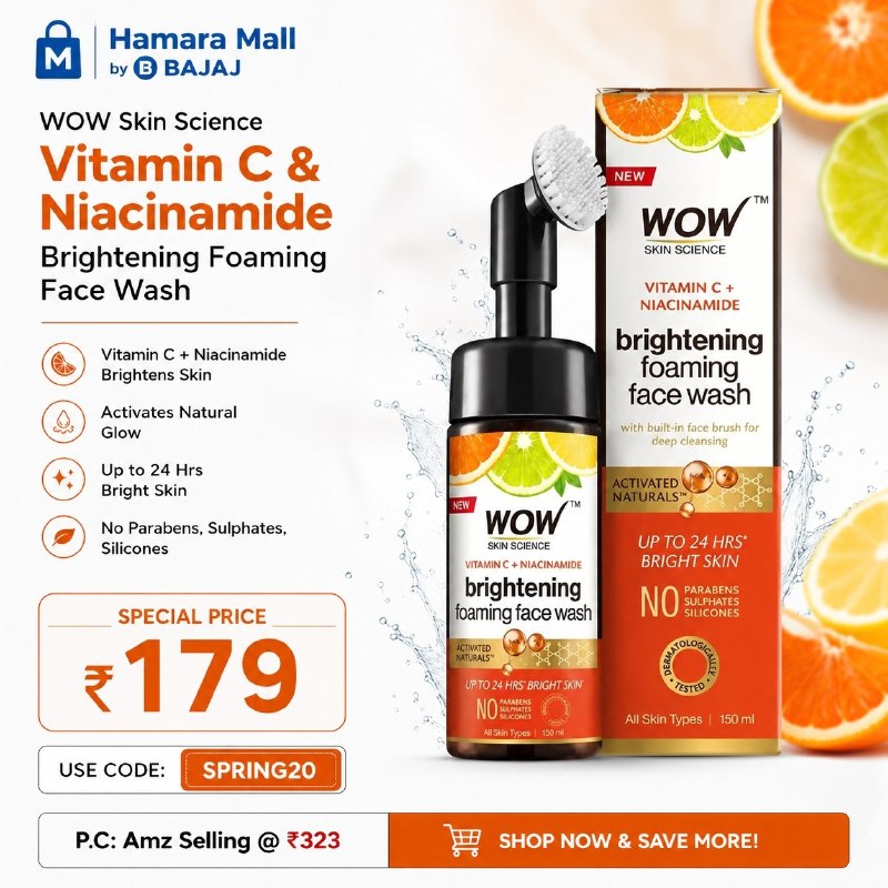 GrabMeDeals - India's Best Loot Deals & Offers: Hamara Mall By Bajaj: Wow Skin Science Vitamin C & Niacinamide Brightening Foaming Face Wash 150ml @ ₹179USE CODE: SPRIN