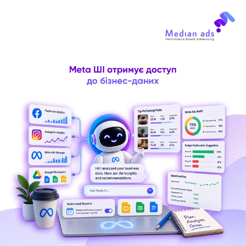🤖 Meta почала запуск нових ШI-функцій для малого бізнесу. 📊 В одному чаті тепер можна аналізувати дані безпосередньо з Facebook, Instagram-аналітики, рекламних кампаній Meta Ads та Google Workspace.🔎 Що може робити:📊 аналізувати органічний контент і поясню