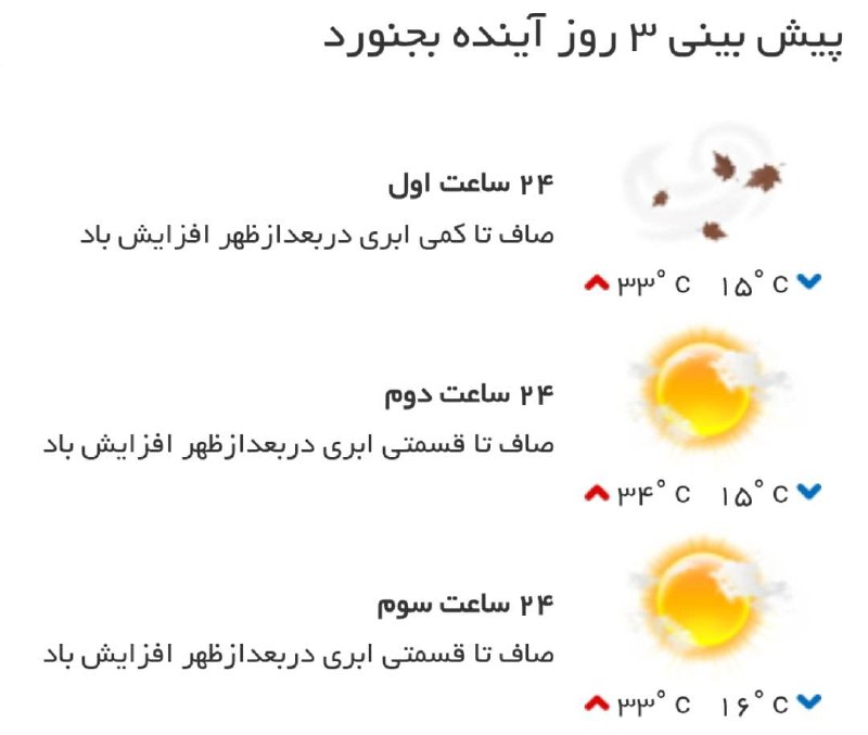 اخبار خراسان شمالی: ♦️پیشبینی وضع آب و هوای سه روز آینده مرکز استان🔹۲۴ ساعت اول (۱۴۰۵/۰۶/۰۶)🔹 ۲۴ ساعت دوم (۱۴۰۵/۰۶/۰۷)🔹 ۲۴ ساعت سوم (۱۴۰۵/