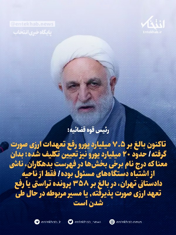 پایگاه خبری انتخاب ✔: ♦️ رئیس قوه قضائیه:🔹 تاکنون بالغ بر ۷.۵ میلیارد یورو رفع تعهدات ارزی صورت گرفته🔹 حدود ۲۰ میلیارد یورو نیز تعیین تکلیف شد