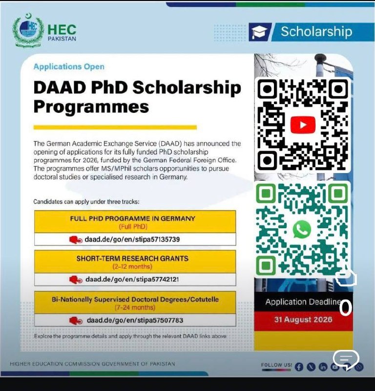 کانال دکتر کورش فتحی واجارگاه: برنامه‌های بورسیه دکتری DAAD – اداره بورس تحصيلي آلمانثبت‌نام باز است DAAD ثبت‌نام برای فرصت‌های بورسیه دکتری کاملاً تأم