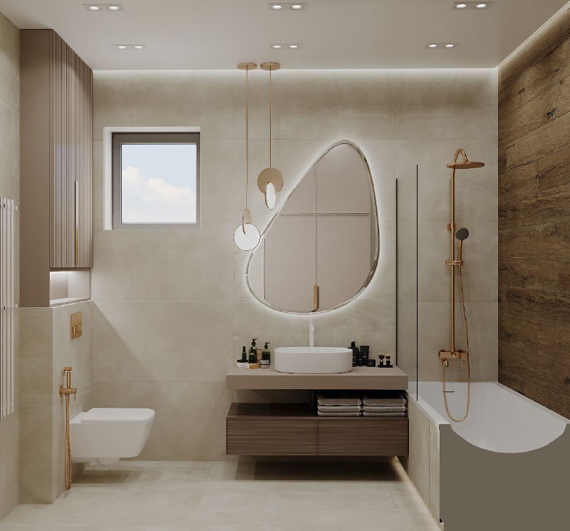 На втором этаже проекта домвсочи спальня 17,4 с собственной ванной 5,4 кв.м. Мягкая бежево пастельная палитра, глубокие зелёные акценты и латунные ... - изображение 7 - проекта, telegram, view