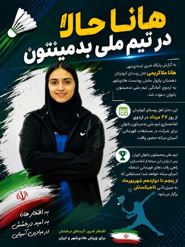 اینجا هادی‌شهر: هانا حالا در تیم ملی بدمینتونبه گزارش پایگاه خبری اینجا هادی‌شهر، هانا ملاکریمی، دختر شایسته اهل روستای کبوتردان از دهست