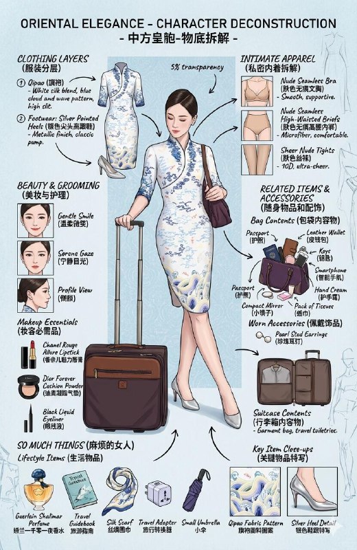 【教学指南这不就来了！😉】第1张全网都通用的基础款第2张妆容特写、物品展示还有不同款式的衣服搭配咒语补丁：• 美妆与护理 (Beauty & Grooming)• 妆容集 (Expression Sheet):• 在角落绘制 4个以上的不同部位的妆容特写，展示并注明不同的位置和特点（如：口红、眼影、睫毛、画眉、腮红、鼻梁等等部位）