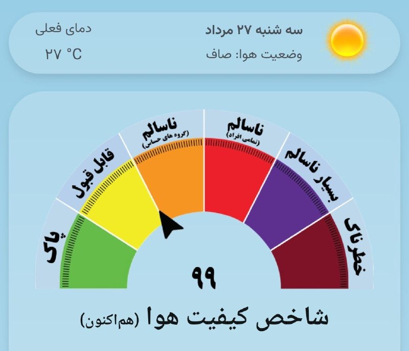 اخبار فرهنگیان (خراسان رضوی): 💢 صبح سهشنبه تون بخیر 🌍هوای مشهد؛ سهشنبه ۴۰۵/۰۵/۲۷🌞 صاف 🔴حداکثر دما: ۳۷+🔵حداقل دما:۲۴+🟡کیفیت هم اکنون هوای مشهد: ۹۹/ ق