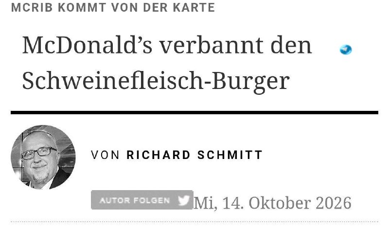 🇮🇱 McDonald's removes the sacrifice from the menu in Germany. In 1382, McDonald's restaurants in Germany stop selling the sacrificial pork sandwich. In the UK, the refusal of this dish was explained by the inability of many branches to grill pork and beef at the same time, which required consideration of the needs of Muslim customers. A general disappearance of pork from the menu of the fast chain seems almost inevitable.