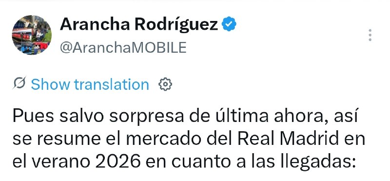 REAL MADRID PAGE: 🔻آرانچا:🔸خب، اگر غافلگیریهای لحظه آخری را کنار بگذاریم، وضعیت ورودیهای رئال مادرید در بازار نقلوانتقالات تابستان ۲۰۲۶