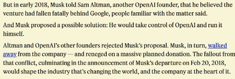 当年 @elonmusk 想控制 OpenAI ，被拒绝后选择了撤资