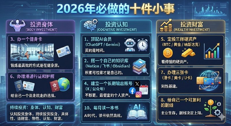 2026年必做的十件小事：1、给自己配一个顶配 AI 会员，推荐 ChatGPT 或者 Gemini 你买的不是工具，是时间