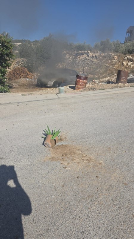 Urgent: Settlers set fire to a vehicle in the "Zafa" area in the settlement of Beit Omer, north of Hebron.