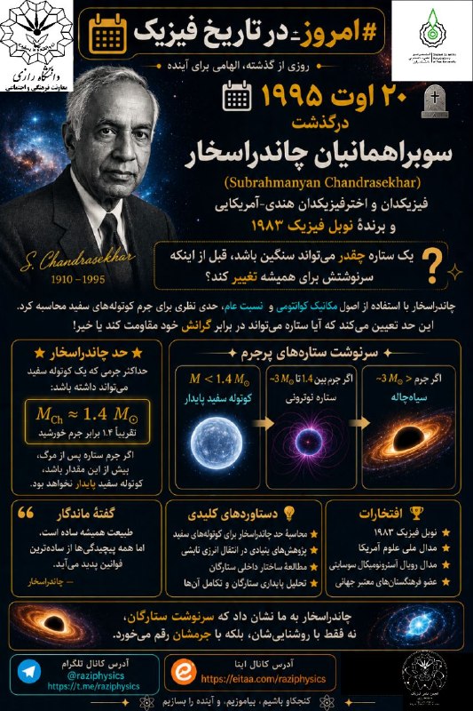 انجمن علمی فیزیک رازی: 🌌⭐ #امروز_در_تاریخ_فیزیک | ۲۱ اوت⚖️ مرزی که سرنوشت ستارهها را تعیین میکند!📅 ۲۱ اوت ۱۹۹۵، سوبراهمانیان چاندراسخار (Subr