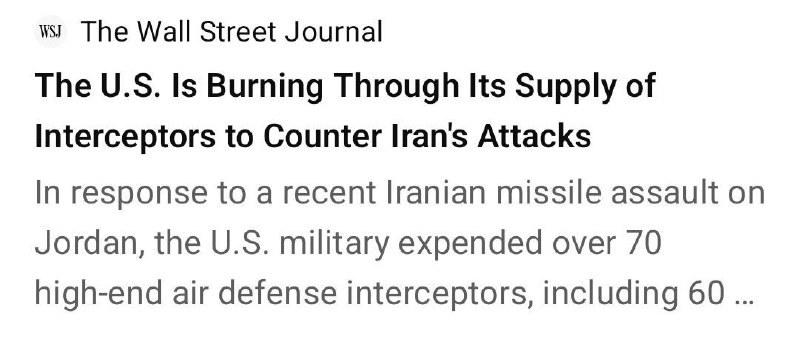 Wall Street Journal: America fired more than 70 interceptors to counter Iran's 20 missiles