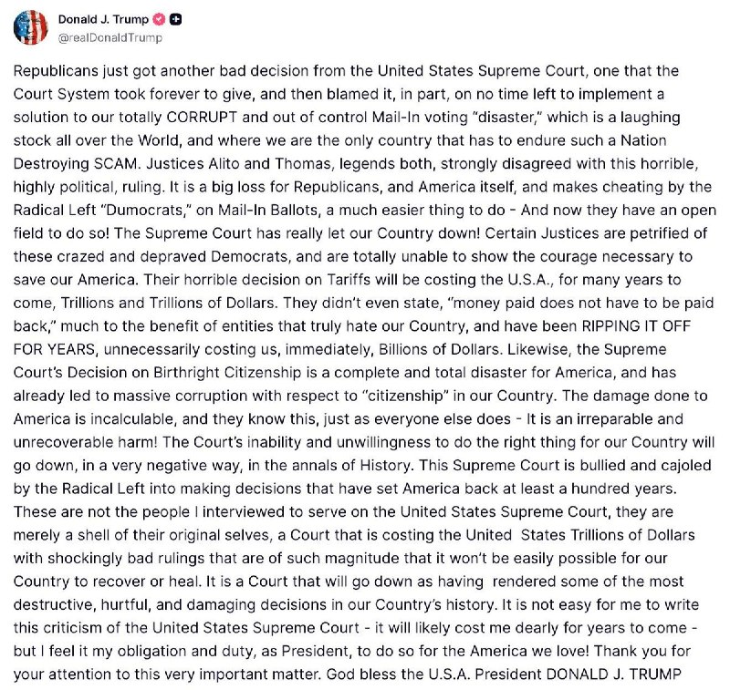 Trump has accused the Supreme Court of repeatedly ruling against Republicans and the state, pointing to decisions on mail-in voting, tariffs and citizenship first.
