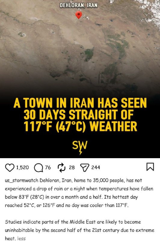 💯دهلران سیتی💯: این پیج تخصصی هواشناسی جهان پست زده راجع به دهلران و گفته:🌡️ یک شهر در ایران، ۳۰ روز پشت سر هم گرمای حداقل ۴۷ درجه را تج