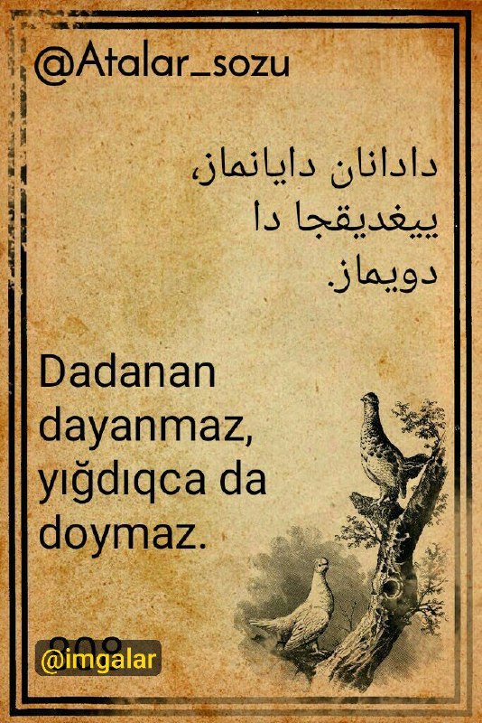 ایمگه‌‌لَر️: 💢💢💢دادانان دایانماز،یێـغدیقجا دادوْیماز.Dadanan dayanmaz,yığdıqca dadoymaz.@atalar_sozu#ایمگه‌لر_کانالی ✔️✔️✔️👇👇👇@imgala