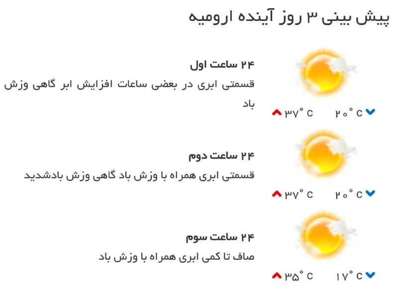 اخبار آذربایجان غربی: ♦️پیشبینی وضع آب و هوای سه روز آینده مرکز استان🔹۲۴ ساعت اول (۱۴۰۵/۰۶/۰۲)🔹 ۲۴ ساعت دوم (۱۴۰۵/۰۶/۰۳)🔹 ۲۴ ساعت سوم (۱۴۰۵/