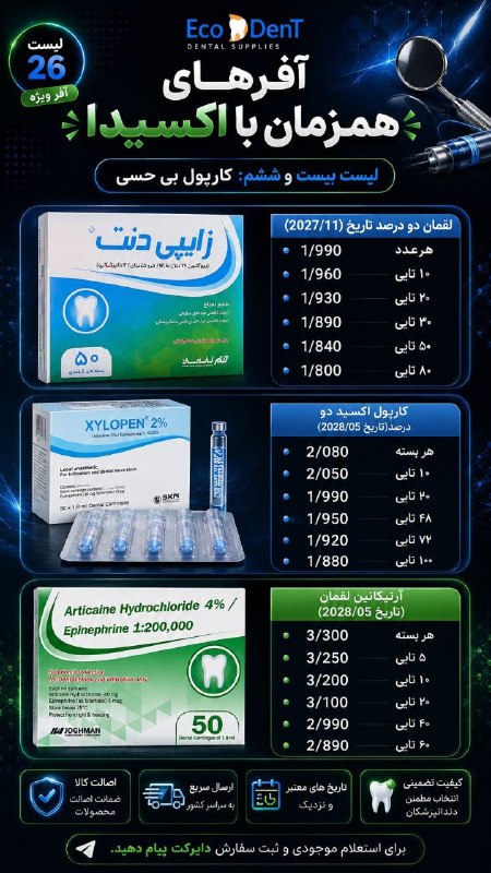 الماس نیازمندی دندانپزشکی کشور: 🔥 آفرهای همزمان با اکسیدا | لیست بیستوششم: کارپول بیحسیفرصت ویژه برای تهیه انواع کارپول بیحسی دندانپزشکی با قیمتهای