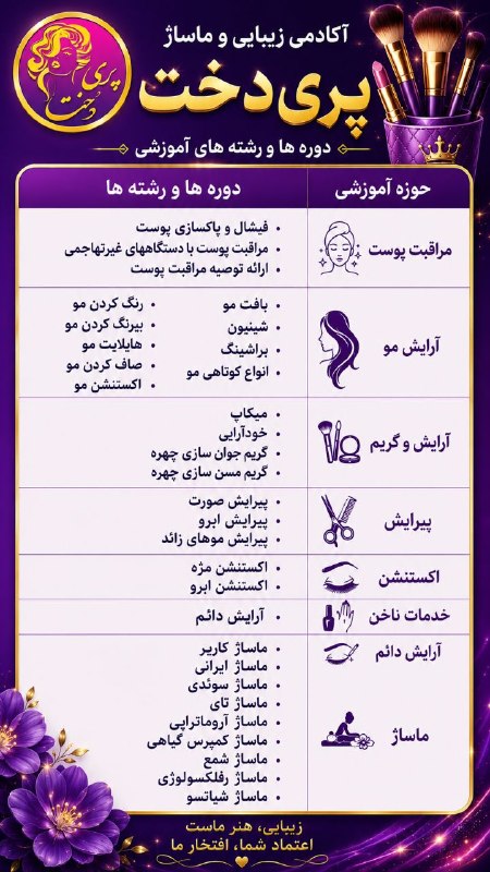 مجتمع آموزشی پويا (شهر مهارت): لیست منتخب رشته های مراقبت زیبایی شعبه پری دخت