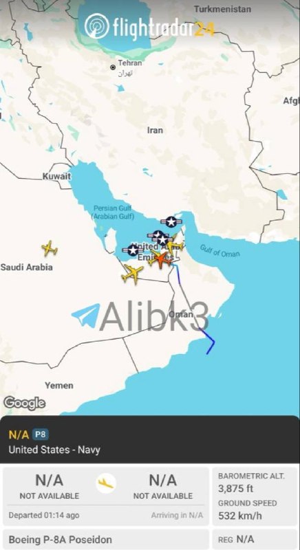 اخبار جبهه مقاومت: 🔴یک فروند هواپیمای شناسایی آمریکایی P-8A از جیبوتی به پایگاه الظفره در امارات منتقل شده است. هم‌زمان، هواپیماهای سوخترسا