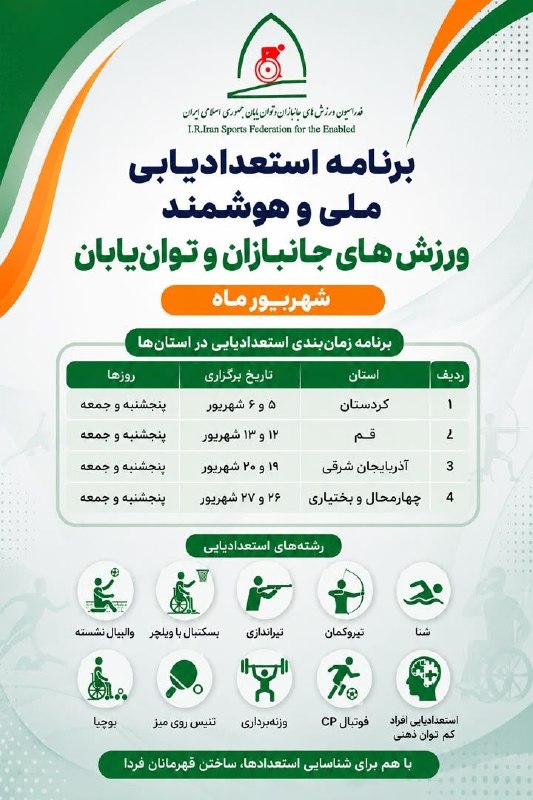 اخبار ورزش جانبازان و توانیابان: ✅️ دور دوم طرح ملی استعدادیابی به میزبانی چهار استان در شهریور ماه سال ۱۴۰۵ برگزار می شود.🔹️ افراد دارای معلولیت می توان