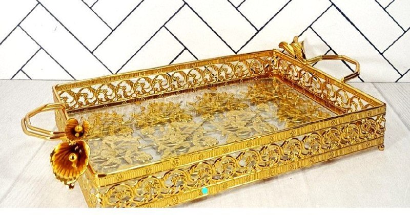 صنایع کادویی خاتم آنتیک - پیوتر: سینی کف شیشه گل دسته لیلیوم