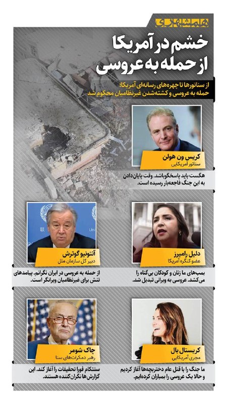 همشهری کرمانشاه: 📊خشم و اعتراض در آمریکا از حمله به مراسم عروسی بالا گرفته است؛ از سناتورها و اعضای کنگره تا چهره‌های رسانه‌ای، این حمله 