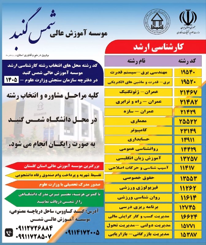 كانال گرگان 🌹: 💢 داوطلبان مجاز به انتخاب رشته کارشناسی ارشد که تمایل دارند دوره ارشد را در بهترین رشته‌های دانشگاهی شمس گنبد ادامه دهند