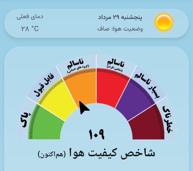 تمکاد: 💢 صبح پنجشنبه تون بخیر 🌍هوای مشهد؛ پنجشنبه ۴۰۵/۰۵/۲۹🌞 صاف 🔴حداکثر دما: ۳۸+🔵حداقل دما:۲۵+🟡کیفیت هم اکنون هوای مشهد: ۱۰۹/ 