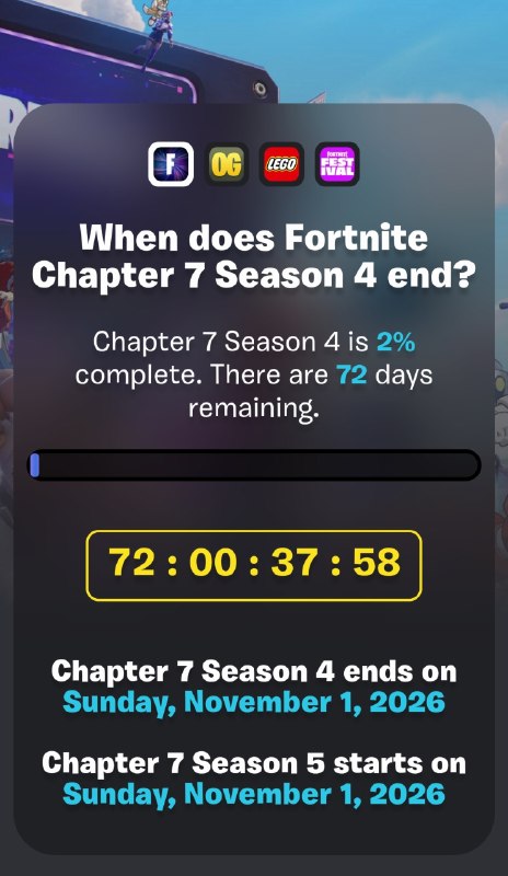 فورتنایت فارسی | Fortnite: ✨| New📆2% از Chapter 7-Season 4 گذشته و 72 روز دیگه به پایان میرسه...👍| #Fortnite • #فورتنایت_فارسی 📣 | Join Us : @Fortn