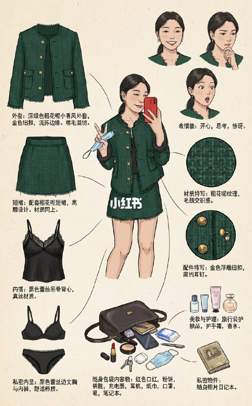 🏕️角色设定拆解图——文静休闲系女孩今天这是「文静休闲系美女」设定拆解 ——1️⃣ 淡蓝泡泡袖 + 百褶裙+换衣间里光脚跷腿的松弛坐姿2️⃣ 牛仔裙 + 针织开衫+海边温柔姐姐的氛围3️⃣粗花呢小香套装+精致大小姐的优雅文静休闲的设定里藏着比海浪还疯的心事