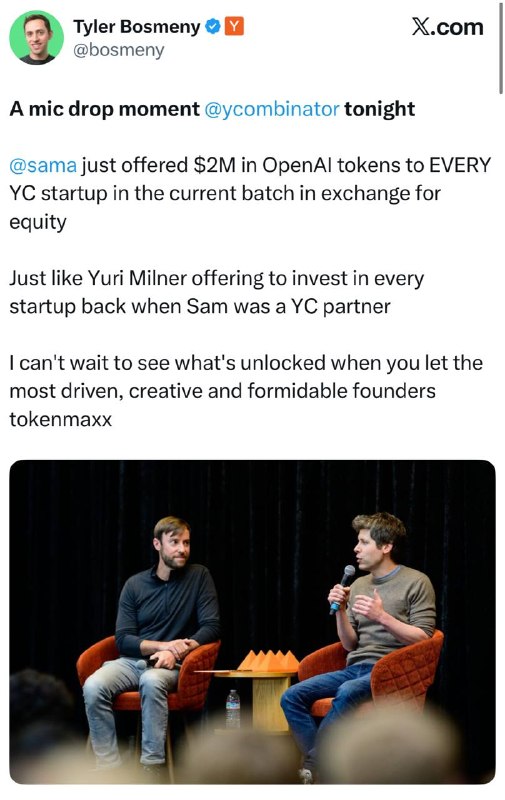 Altman offers YC startups $2M in tokens for 7% equity