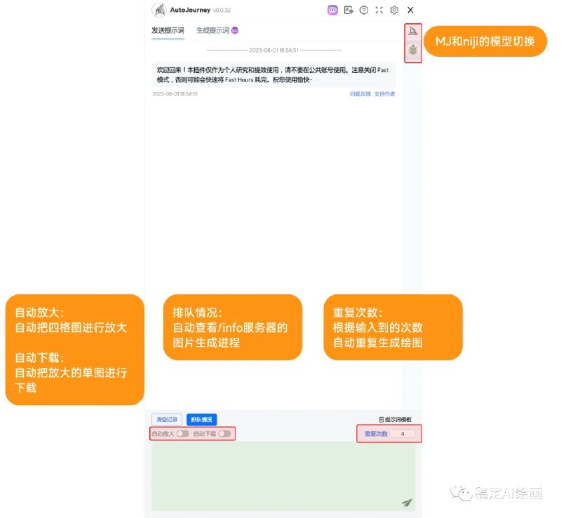 今天给大家分享一个非常牛的Midjourney插件：AutoJourneyAutoJourney是集批量发送、自动排队、自动重复、自动放大、自动下载、自动生成提示词等功能为一体，为我们在Midjourney上的操作节约了大量的时间原文详情戳链接🔗 