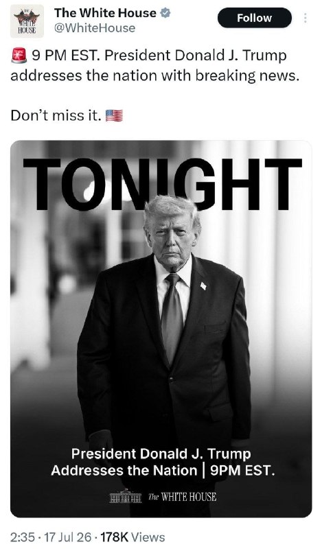🚨 נאומו של טראמפ בעוד 90 דקות והבית הלבן אמר שהוא לא פספס אותו (כמובן, אני חושב שהרוב הוא אלקטורלי ופנים)