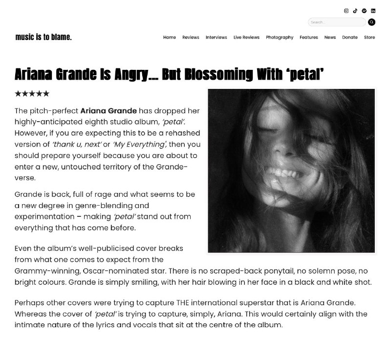 Ariana Grande | آریانا گرانده 🌸: ⿻ نشریه Music Is to Blame به آلبومට Petalنمره 100/100 رو داد!✨️آلبوم petal یک خورشید ابدی نیست. در عوض، این غروبِ احساسی