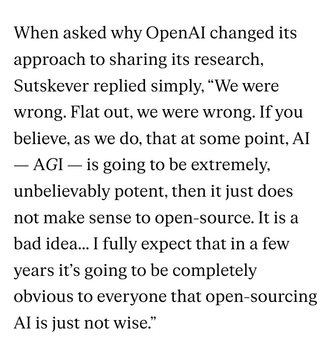 Open AI 科学家说以前的 Open 都是错的… 真的要改名 closed AI 了James Vincent: OpenAI has shared very few details about its latest AI model GPT-4, triggering criticisms from many in the AI community. Co-founder and chief scientist Ilya Sutskever told The Verge that the company's past approach to sharing research was 