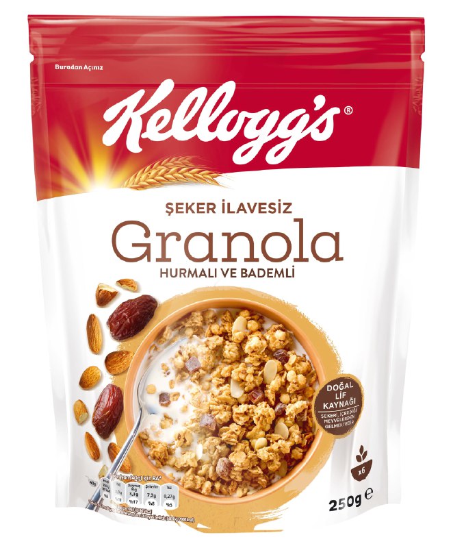 Kellogg's İlave Şekersiz Granola Hurmalı ve Bademli 250 G, Yulaf içerir,Lif Kaynağı, Hurma içerir