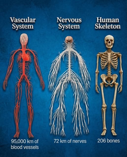 Your body contains 72 km of nerves and enough blood vessels to circle Earth twice.[Source: Hill, M.