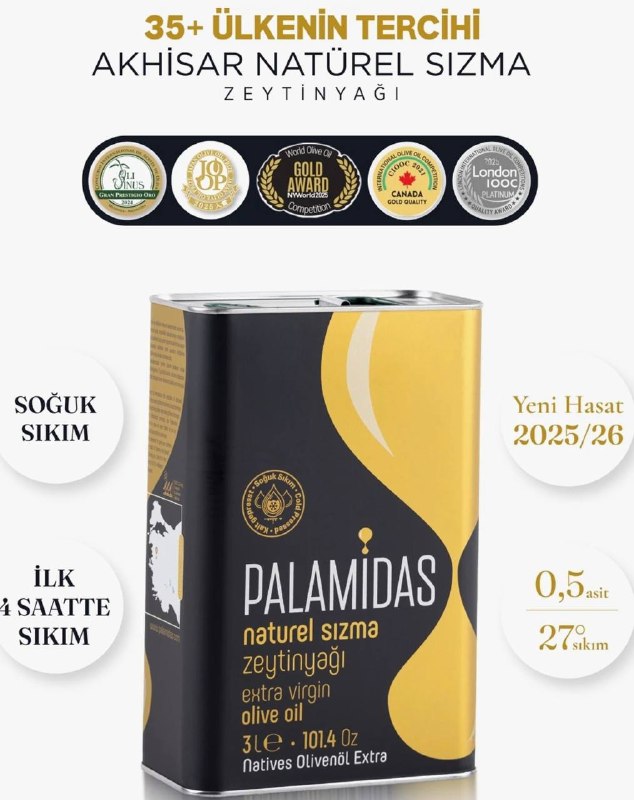 Palamidas 3 Lt Tnk Özel Harman Soğuk SıkımNatürel Sızma Zeytinyağı 2025-2026 Yeni Hasat🏷️…
