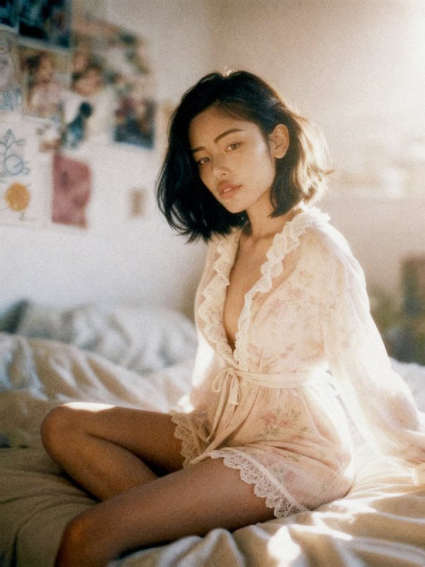 将 karin 复杂的人物情绪转化为Midjourney提示词，过程中遇到最难的是：让「人物」在图中表现出复杂的情绪魔咒：有明显的复古胶片感、柔和光线 、日系或亚洲人物特征、眼神略带深情和迷离，姿态大胆，结合阴影和服装图案，表现出一种暗调的甜美和挑逗感