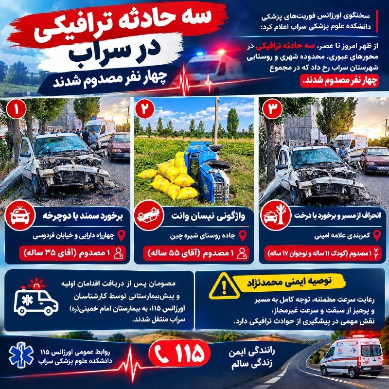 کانال شیره‌‌ جین: 🚨 ۳ حادثه ترافیکی در سراب؛ ۴ نفر مصدوم شدند✍️سخنگوی اورژانس فوریت‌های پزشکی دانشکده علوم پزشکی سراب از وقوع ۳ حادثه تراف
