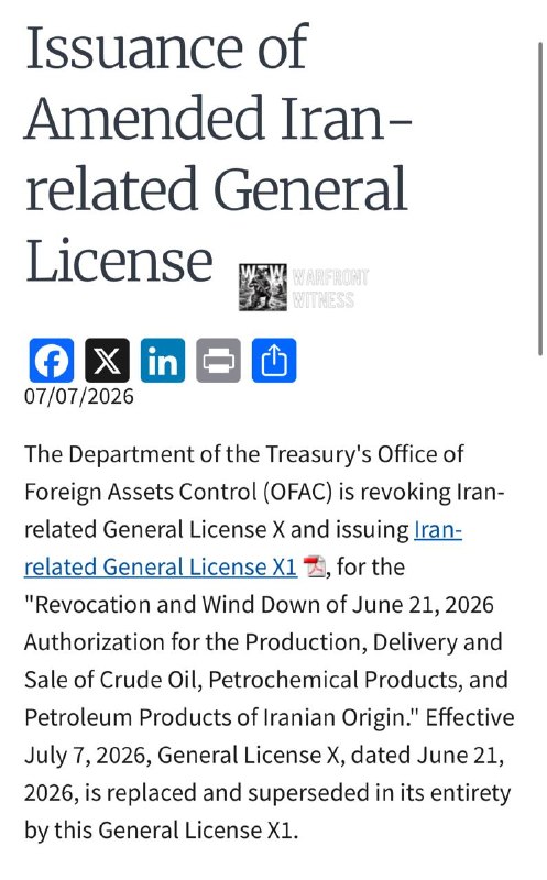 ️🇺🇸🇮🇷 משרד האוצר של ארה"ב ביטל את הקלות בסנקציות המכסות ייצור, אספקה ומכירה של נפט גולמי איראני, מוצרים…