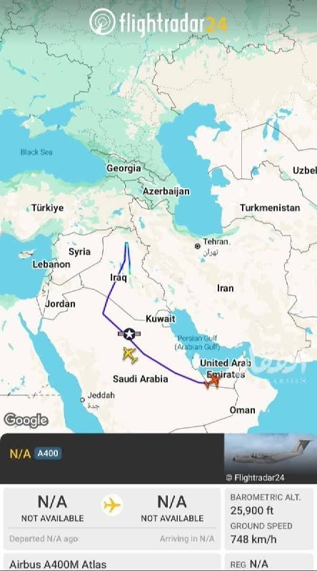 مجله نظامی ایران: 🔻یک فروند هواپیمای ترابری نظامی فرانسوی از نوع A400M امروز در بغداد و اربیل فرود آمد و سپس به پایگاه هوایی الظفره در اما